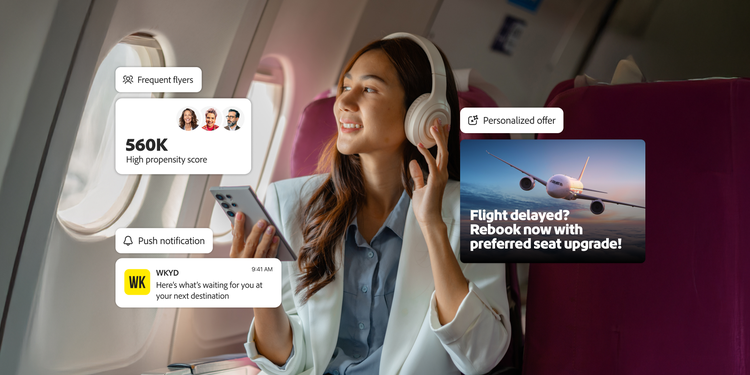 機内でヘッドフォンを着けて電話をする女性と、パーソナライズされた旅行オファーを表示するビジュアル