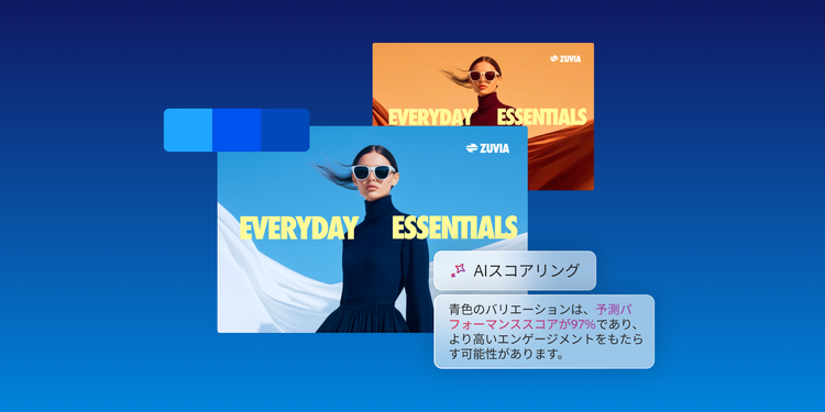 AIスコアリングが色の選択を評価し、最も高いパフォーマンスを発揮するオプションを特定する広告バリエーション。