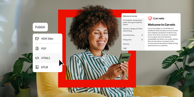 Professional using her smartphone, with floating UI cards showing multi-format publishing options and Carvelo's welcome page.