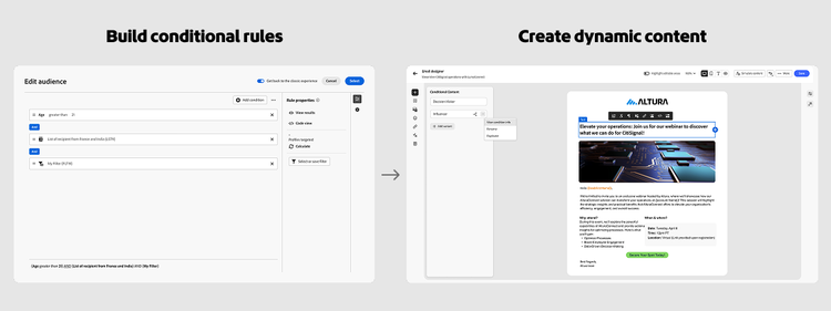 Adobe Journey Optimizerのインターフェイスでは、条件付きルールを作成したり、動的コンテンツを作成する方法をデモンストレーションしています。