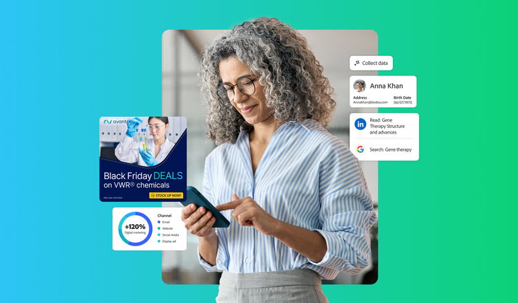 オンラインジャーニーを表すwebイメージのコラージュとスマートフォンを操作する女性