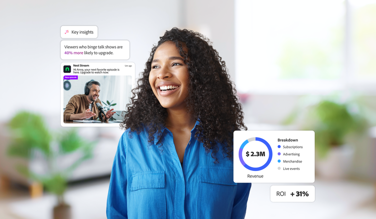 アドビのリアルタイムデータとAIを活用したレコメンデーションにより、パーソナライズされたストリーミングインサイトとアップグレードオファーを受け取る視聴者。