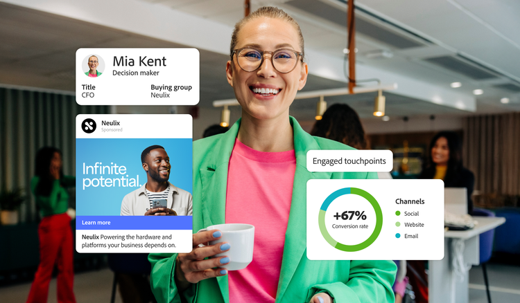 アカウントの健全性メトリクスとトレンドチャートを強調表示したAdobe Customer Journey Analytics B2Bダッシュボード