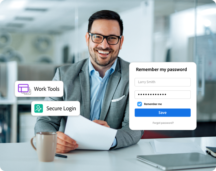 ビジネスウェアに身を包んだ男性が書類を抱えてデスクに座り、「Work Tools（ワークツール）」、「Secure Login（保護されたログイン）」、「Remember my password（パスワードを記憶する）」のログインフォームのデジタルアイコンがオーバーレイ表示されている様子。