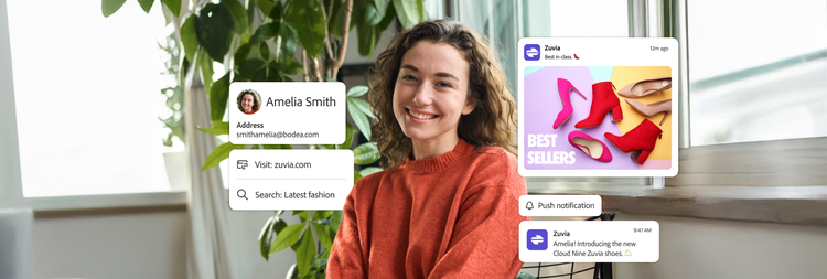 オレンジのセーターを着た笑顔の女性とショッピングアプリのオーバーレイ。ZuviaメッセージでCloud Nineシューズと人気商品を宣伝している。