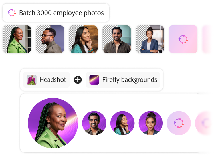 Fireflyのインターフェイスに、従業員の顔写真にまとめて適用する背景のバリエーションが表示されている。