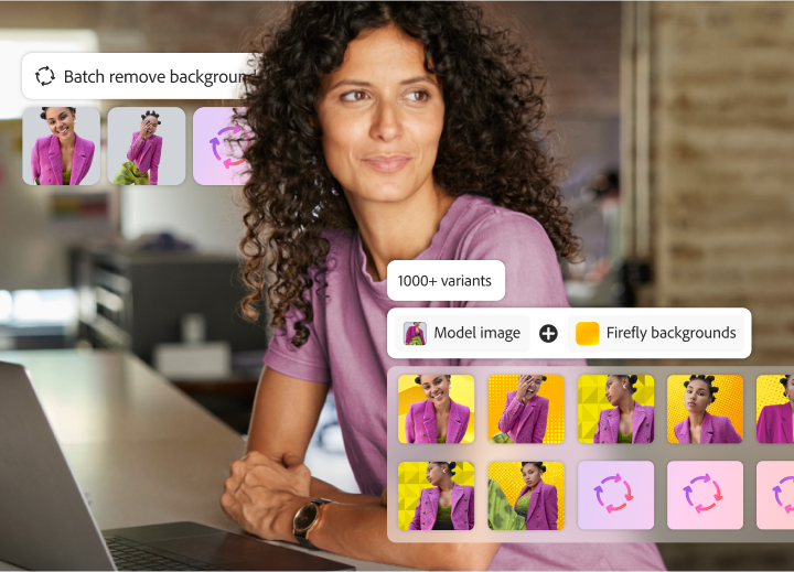 Adobe Fireflyのユーザーインターフェイスに、微笑む女性の画像が表示されている。その画像の周囲には、モデル画像から生成されたバリエーションと背景削除ツールが表示されている。