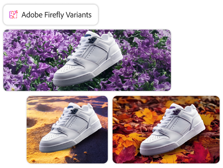 Fireflyで生成した白いスニーカーの画像のバリエーション3つ。それぞれに背景が異なる。