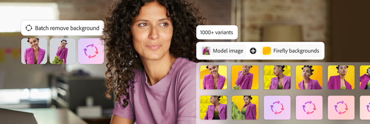 Adobe Fireflyのユーザーインターフェイスに、微笑む女性の画像が表示されている。その画像の周囲には、モデル画像から生成されたバリエーションと背景削除ツールが表示されている。