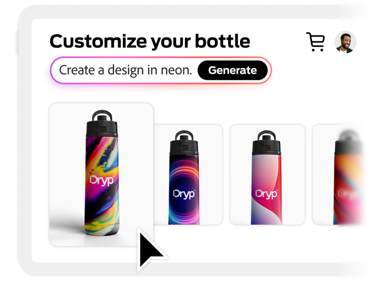 顧客が自分でウォーターボトルをカスタマイズできるオンラインショップ。サンプルのデザインが4つ表示されている。