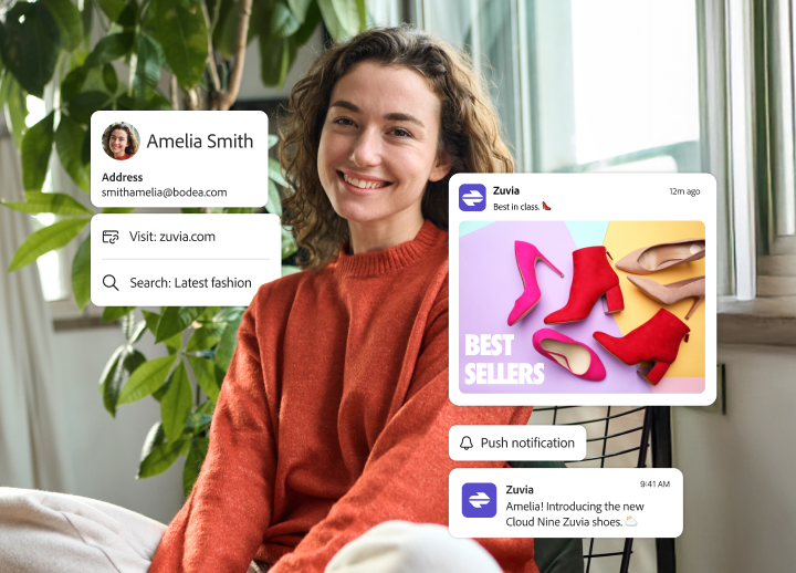 オレンジのセーターを着た笑顔の女性とショッピングアプリのオーバーレイ。ZuviaメッセージでCloud Nineシューズと人気商品を宣伝している。