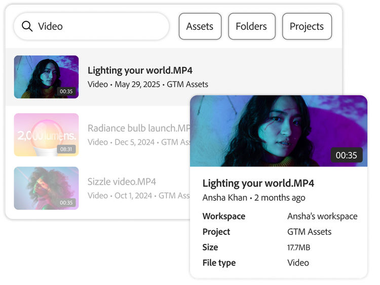 メタデータメニュー、タグフィルター、担当者が表示されているファイル検索インターフェイス。
