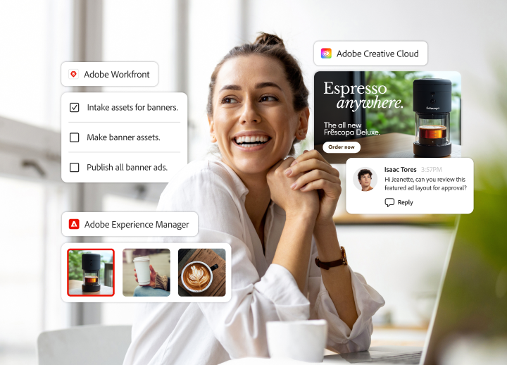 Adobe Workfront、Acrobat、Experience Manager、Creative Cloudの要素を含むインターフェイスが笑顔のユーザーを囲んでいる