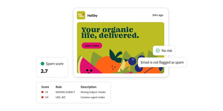 リスクのないスパムスコア2.7のメールが表示されている。「件名がない」、「緊急のコンテンツ」というフラグ付きルールも表示されている。
