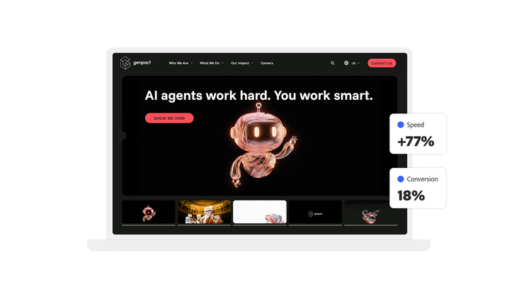 AI 에이전트 서비스를 소개하는 Genpact 웹 페이지 스크린샷입니다. 이미지에는 77% 속도 향상과 18% 전환율이라는 두 가지 성과 지표가 포함되어 있습니다.