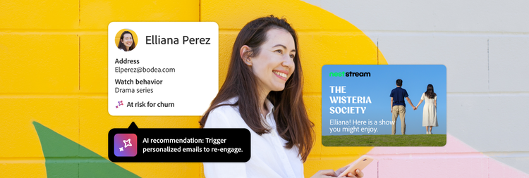 Adobe가 AI를 사용해 이탈 위험을 감지하고 콘텐츠를 개인화하여 시청자 유지율을 높이는 방법을 보여주는 이미지