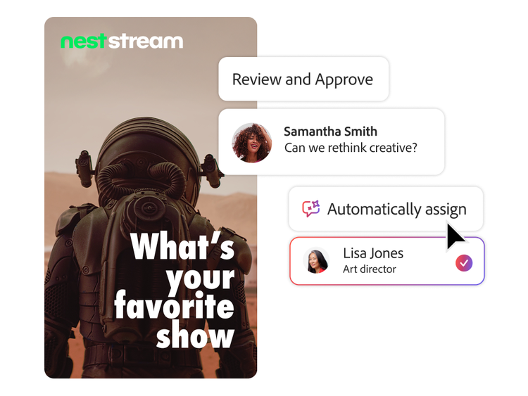 Adobe 툴로 워크플로우를 자동화하여 콘텐츠 제작을 간소화하는 모습을 보여주는 이미지