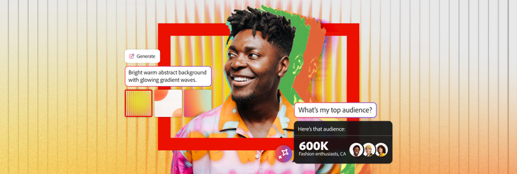 Adobe Sensei 기반 AI 툴이 크리에이티브 워크플로를 향상시키는 모습을 보여주는 일러스트레이션으로, 추상적인 디지털 요소 및 인터페이스 구성 요소가 특징