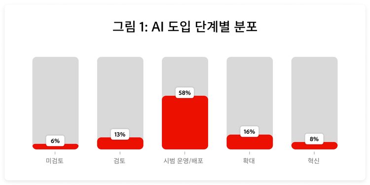 대부분의 조직(58%)이 시범 운영 또는 배포 단계에 머물러 있는 반면, 혁신 단계에 도달한 조직은 8%에 불과합니다.