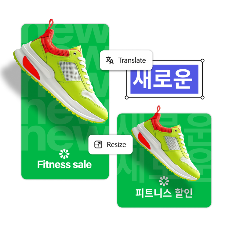 Adobe Express interface displaying two images of a shoe on a green background overlaid with translate and resize prompts.