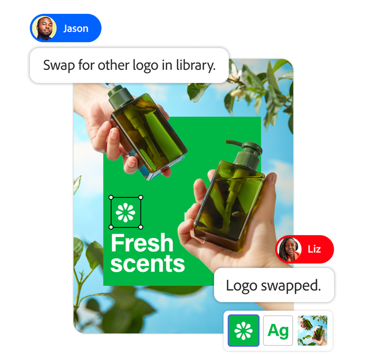 Adobe Express interface displaying on-brand elements approved for use in a marketing campaign overlayed with collaborative comments from coworkers.
