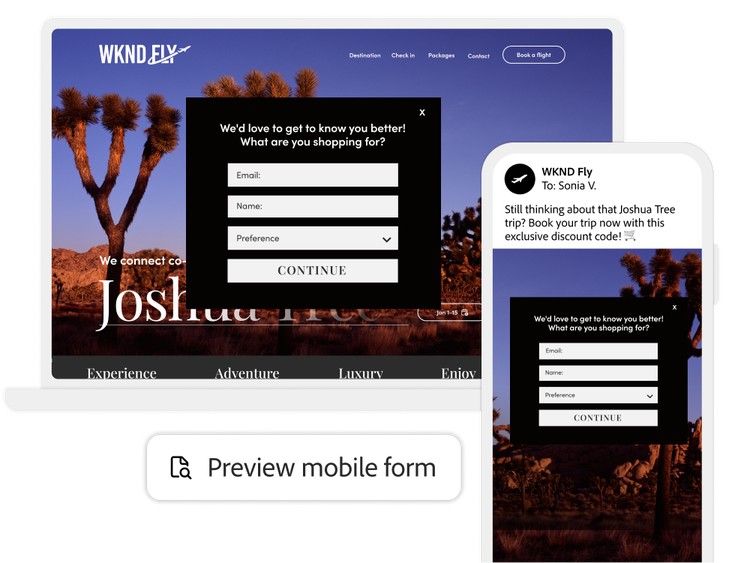 Vista previa para web y dispositivos móviles de un formulario de una marca de viajes