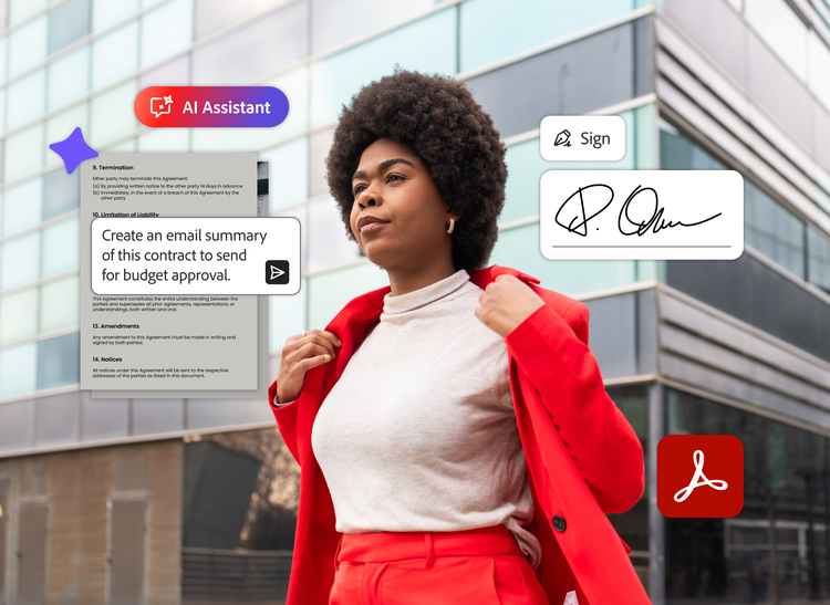 Cliente junto a un contrato que utiliza la IA generativa para enviar un resumen y recibir una firma