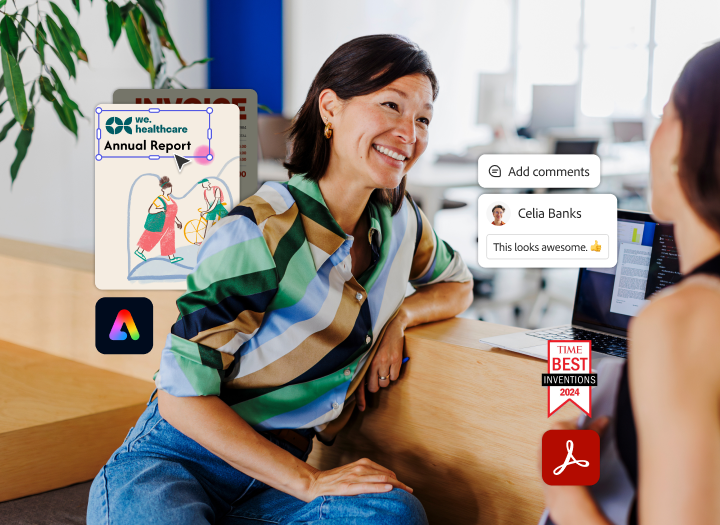 Mitarbeitende an einem Laptop neben dem KI-Assistenten rufen Q2-Daten ab.