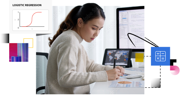 https://stock.adobe.com/images/asia-young-business-woman-sit-busy-at-home-office-desk-work-code-on-desktop-reskill-upskill-for-job-career-remote-self-test-it-deep-tech-ai-design-skill-online-html-text-for-cyber-security-workforce/502892683?prev_url=detail#_blank | A woman learning about machine learning algorithms.