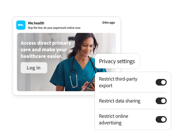 Healthcare ad with user interface of privacy settings