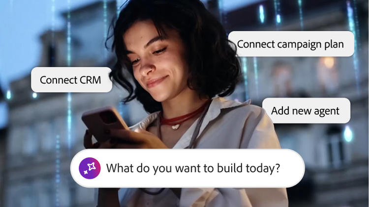 Person holding smartphone with floating AI text bubbles saying, Connect CRM, Connect campaign plan, Add new agent and What do you want to build today?