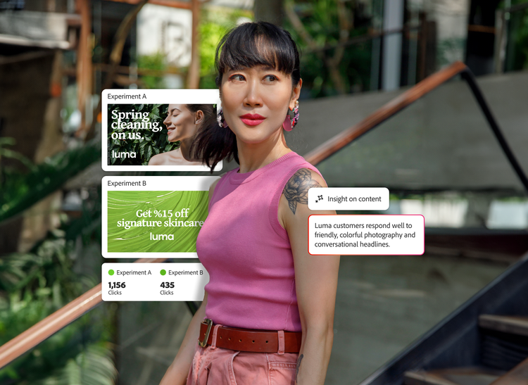 Cliente avec un test A/B de deux publicités pour des produits cosmétiques et des insights intelligents associés à chacune d’elles