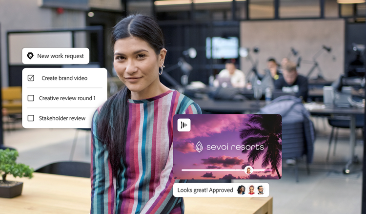 A marketer and a brand video being approved using online workflows.