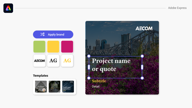Image showing brand approved elements being used to create a social media template in Adobe Express