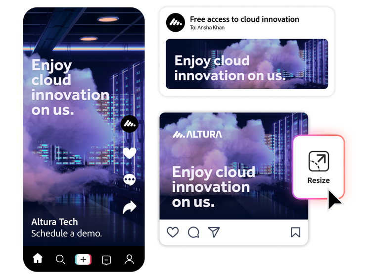 https://main--bacom--adobecom.hlx.live/assets/videos/industries/high-tech/scale-content-production/media_160f484663931485f9bd0834f5a58aaa1cff575d4.mp4#_autoplay1 | An advertisement displayed in email, mobile, and social formats.
