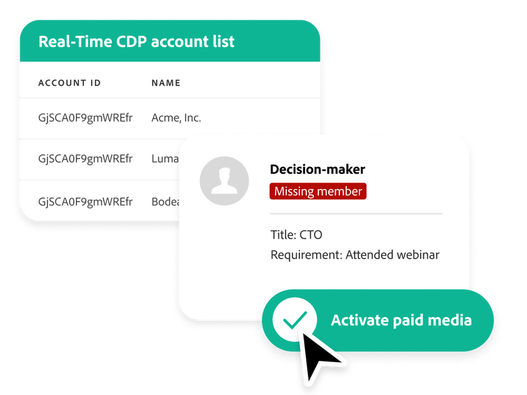 https://main--bacom--adobecom.hlx.live/fragments/products/modal/videos/journey-optimizer-b2b/dynamic-account-lists#dynamic-account-lists | A paid media campaign activating for a CTO decision-maker identified as a missing webinar attendee from a Real-Time CDP account list. | :play-medium: