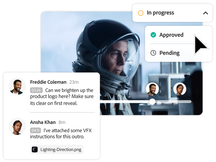 A video review page showing an astronaut scene, comments from team members, a file attachment, and a status dropdown set to Approved.