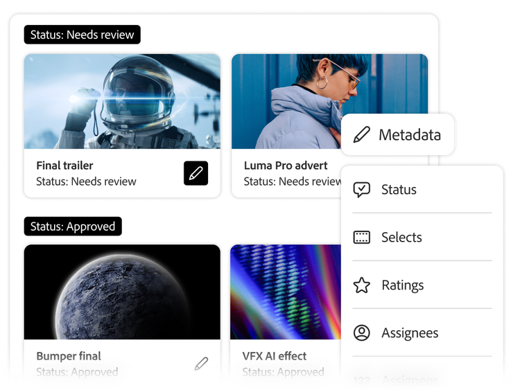 The Frame.io file management interface showing media assets with Needs Review and Approved statuses, plus a metadata menu with filter options.