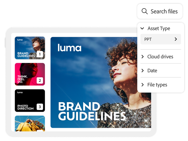 A file search interface showing a Brand Guidelines PDF preview, a file list, and filter options for asset type, cloud drives, and date.