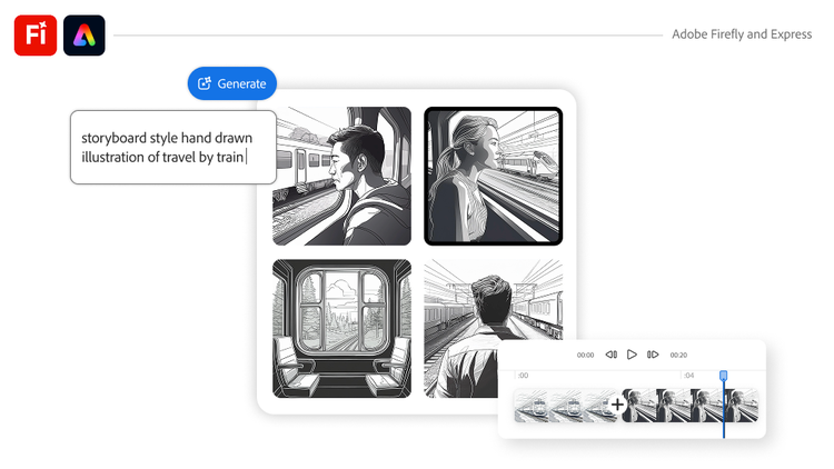 Image of illustrations of people on a train created in Adobe Firefly based on the prompt storyboard style hand drawn illustration of travel by train.