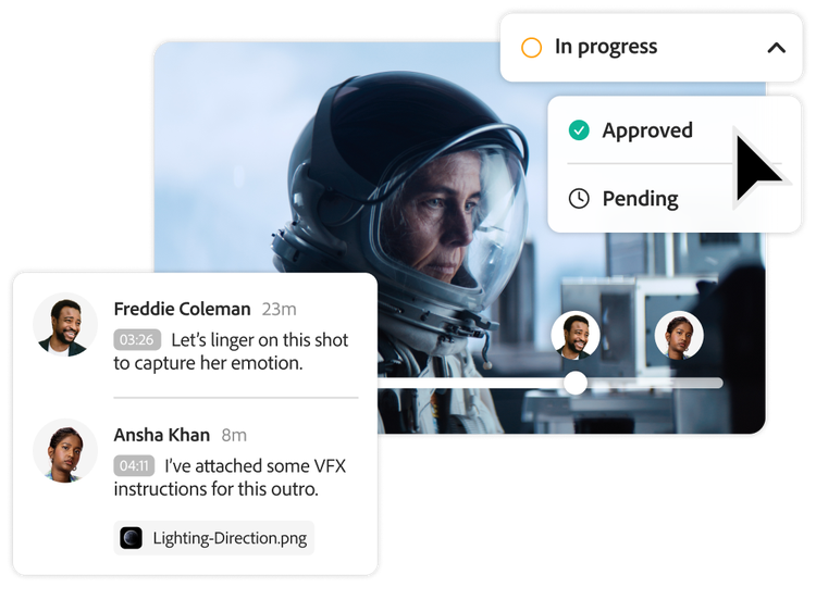 A video review page showing an astronaut scene, comments from team members, a file attachment, and a status dropdown set to Approved.
