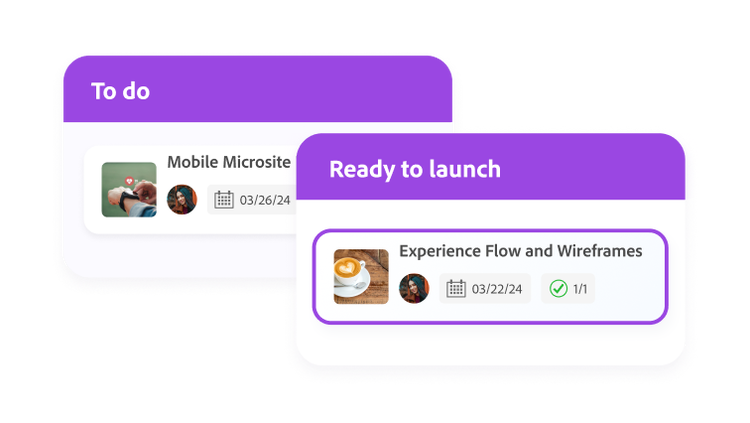 Adobe Workfront example of a completed and ready-to-launch experience flow and wireframe task beside a to-do list for a mobile microsite.