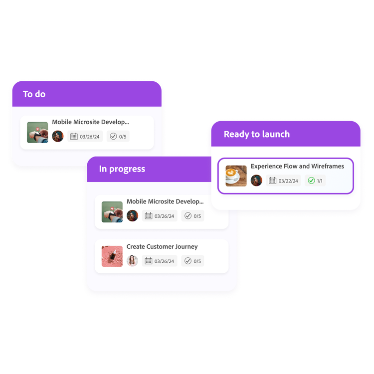 Adobe Workfront example of project item detail cards grouped into to do, in progress, and ready to launch categories.