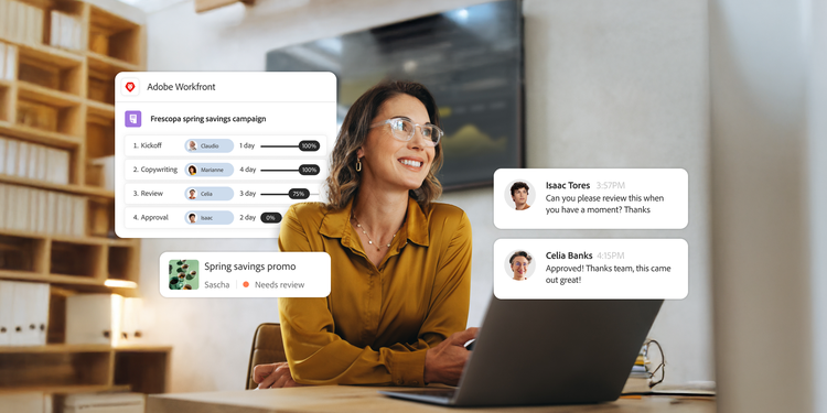 Woman smiling at her desk with a laptop, surrounded by project management and team chat notifications from Adobe Workfront.