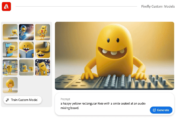 Adobe Firefly screenshot of various versions of an image of a yellow rectangular character called Rxie.