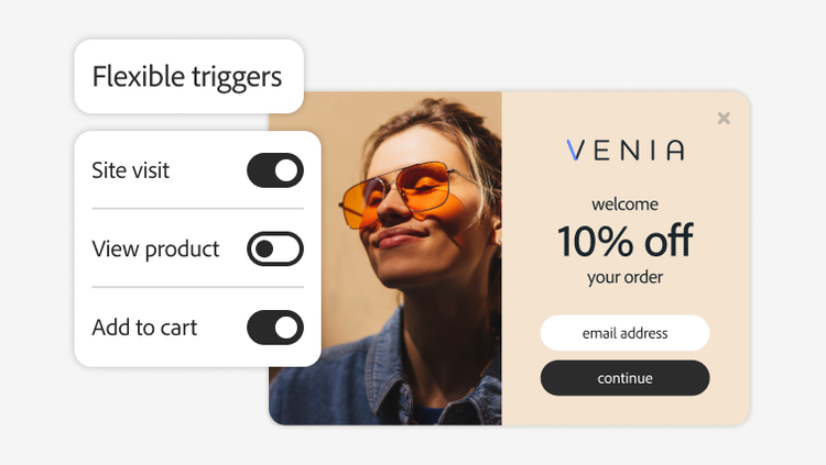 Adobe Journey Optimizer flexible triggers (for site visit, view product and add to basket) to personalise a web discount offer.