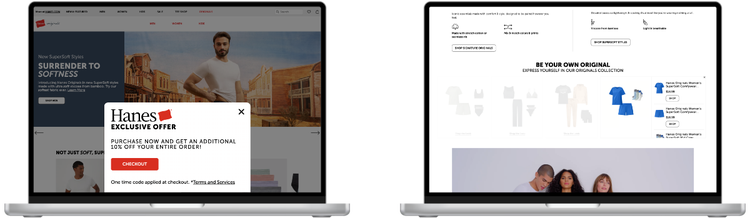 Capturas de pantalla del sitio web de HanesBrands donde se muestra una ventana emergente con una oferta exclusiva