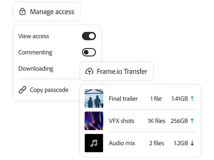 El menú para administrar acceso muestra los estados de transferencia de tres archivos de Frame.io.