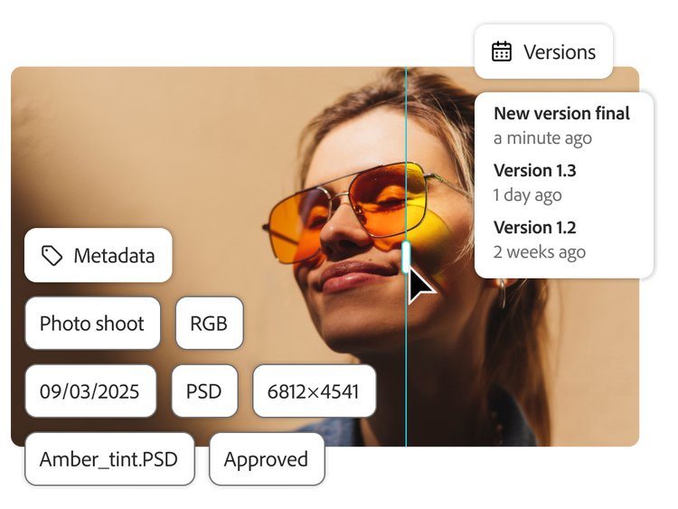 https://main--bacom--adobecom.hlx.page/assets/videos/products/experience-manager/assets/asset-management/media_170086f274f55d67f48f9f22fc22a367e18562609.mp4#_autoplay1 | Sunglasses asset next to its version history and metadata