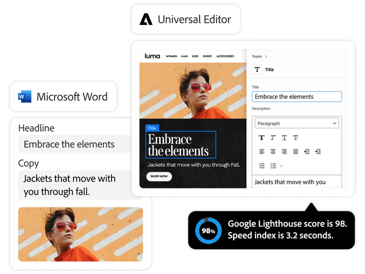User interface of publishing from Microsoft Word and the Universal Editor. Performance stats